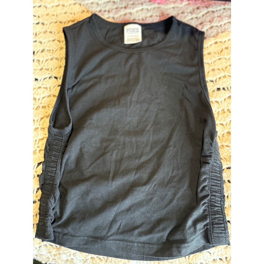 PINK Victoria's Secret Crop Tank Women Small Black Good Ruched Side Muscle Tee